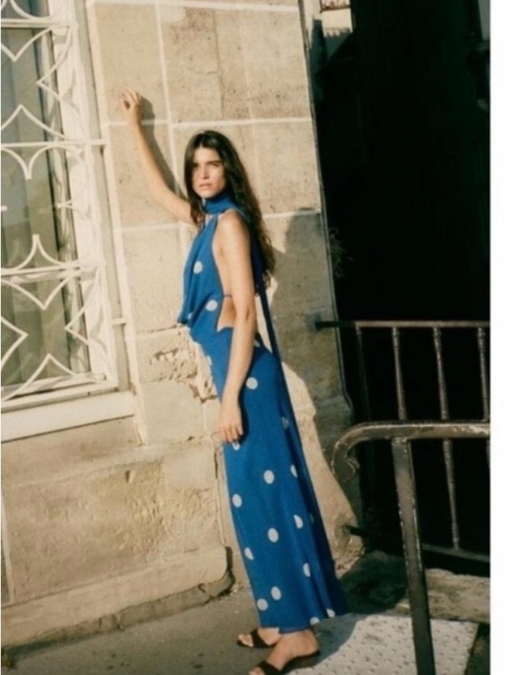 Zara Blue Polka Dot Midi Dress with Halter Neck and Open Back